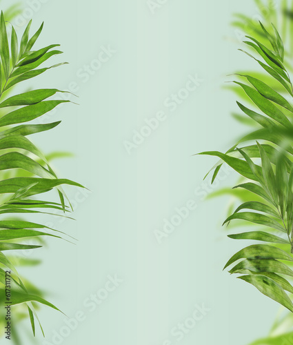 Fototapeta Naklejka Na Ścianę i Meble -  Frame of palm leaves at light blue background, front view