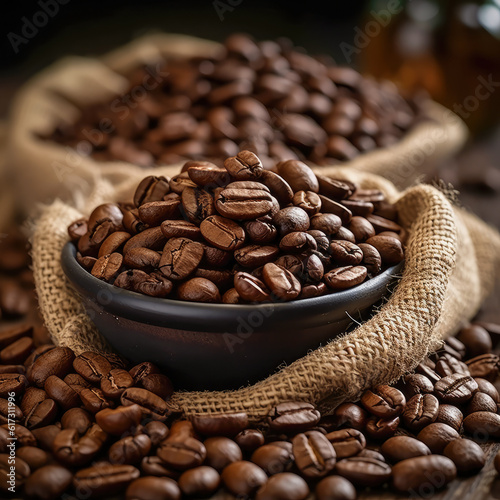 Coffee beans roasted, macro shot, in a terracotta cup and hemp sack. Generative AI