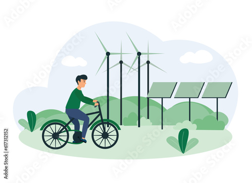 Cartoon guy riding bike near windmills and solar panels. Different people taking care of nature and living in eco green city. Social charity activities. Volunteers working together. Vector