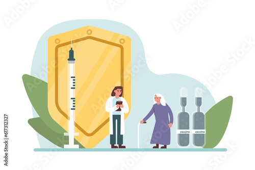 Cartoon grandmother with stick came to doctors vaccination in front of shield. Getting vaccinated against illness in hospital. Process of virus destruction. Boosting immune system health. Vector