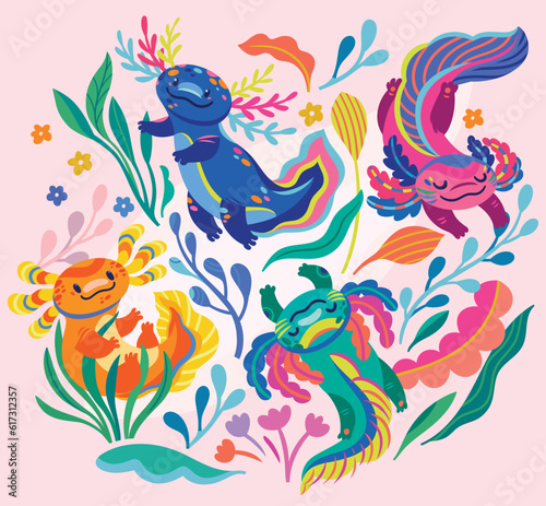Set of four cute cartoon axolotls, amphibian creatures are floating in the seaweeds