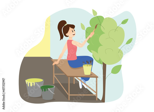 Cartoon girl draws tree on wall in apartment. Process of making home repair together and alone. Redecorating house interior. House renovation and repairing. Vector