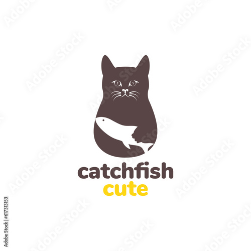 animal pets cat catching fish food hunter mascot logo design vector