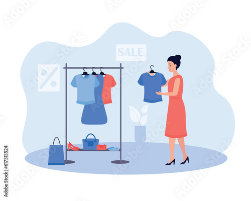 Cartoon girl chooses shirt on hanger in store. Young people doing shopping. Making purchases from sale in fashion boutiques. Modern consumerism society. Vector illustration
