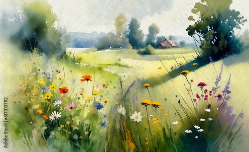 Watercolor painting of a landscape in the morning, landscape with flowers and grass, poppies in the field of wheat