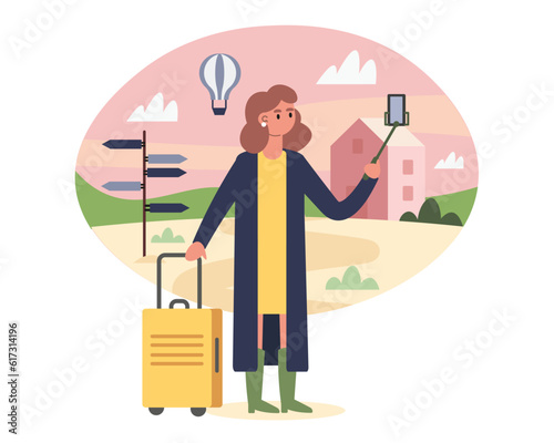 Tourist girl with suitcase taking selfies with selfie stick against background of balloons. Spending time discovering new places. Time for summer holidays. Vector