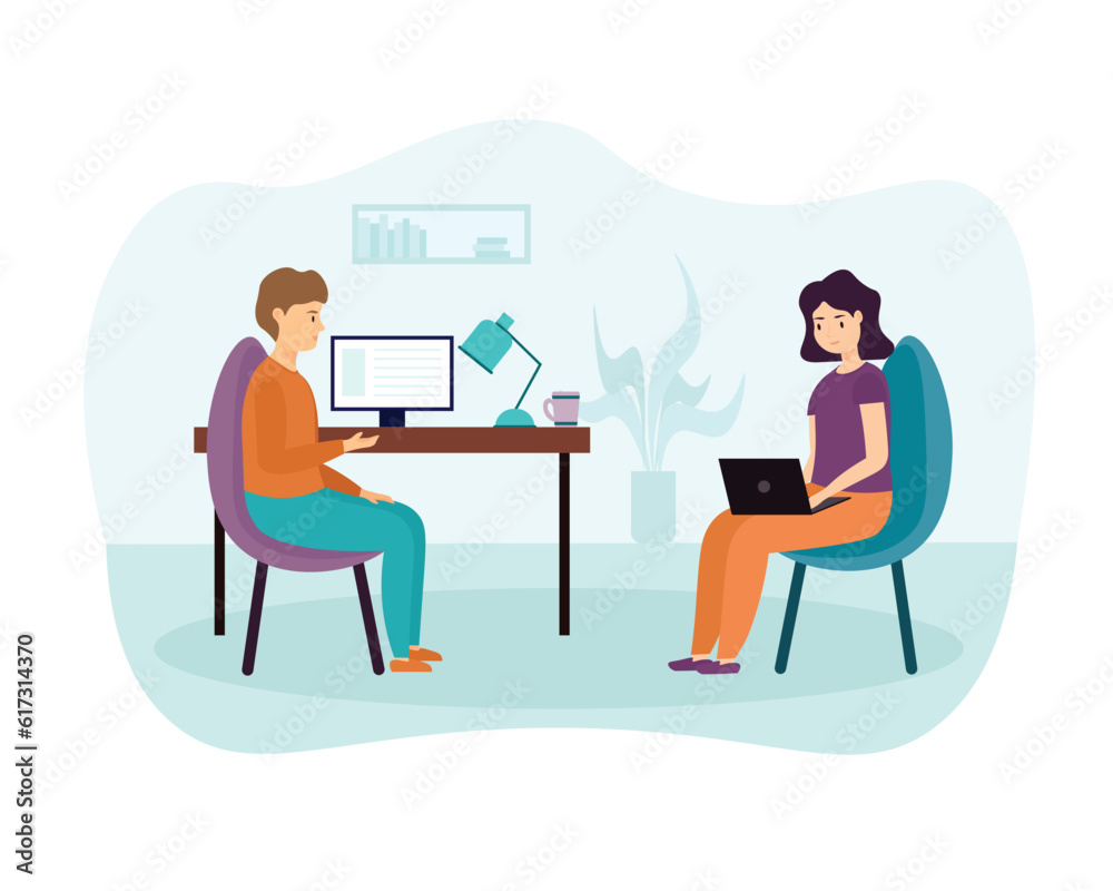 Cartoon programmers talking and working using computers and laptops in office. Process of developing and testing software. Vector flat style illustration