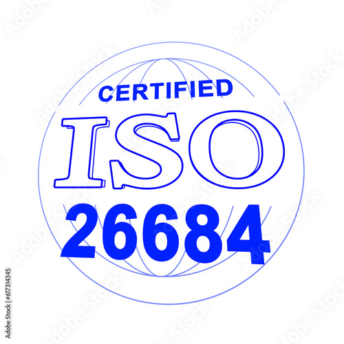 An illustration of ISO 26684 certification, like a stamp, in perspective. White background. photo