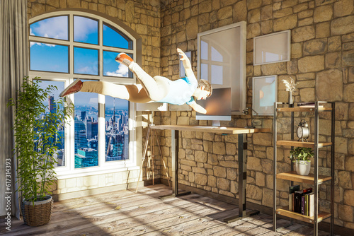businessman floating in air gets sucked into pc display  surreal stress immersion and virtual reality concept  bright urban office with large window  3D Illustration