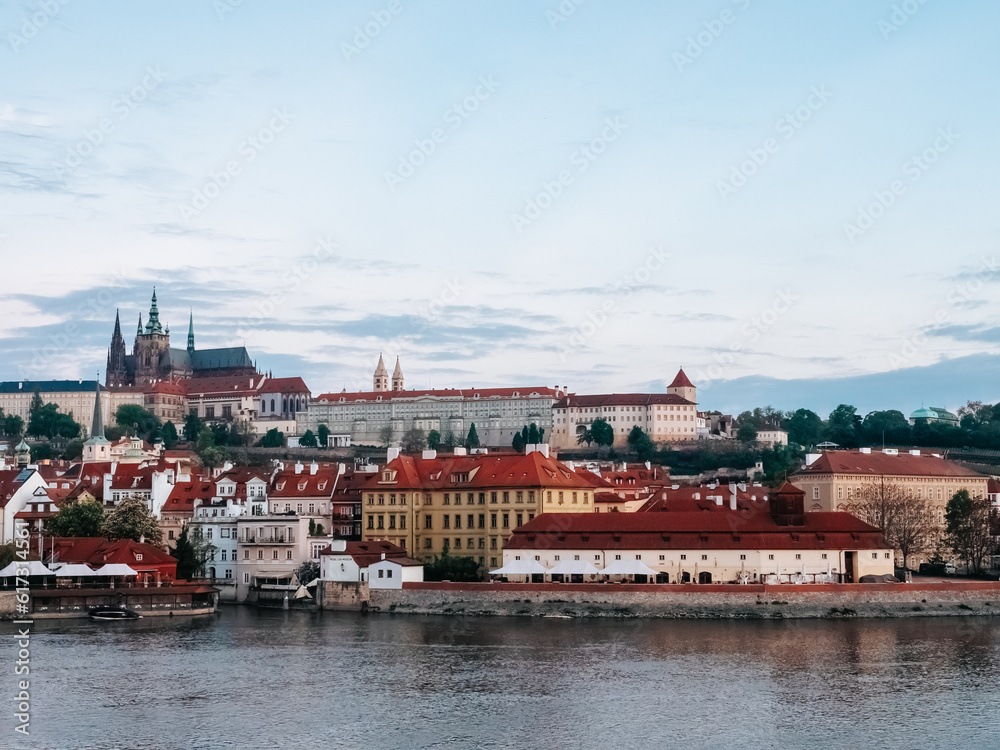 General view of Prague Castle. Beautiful Pražský hrad. Red roofs of an old European city