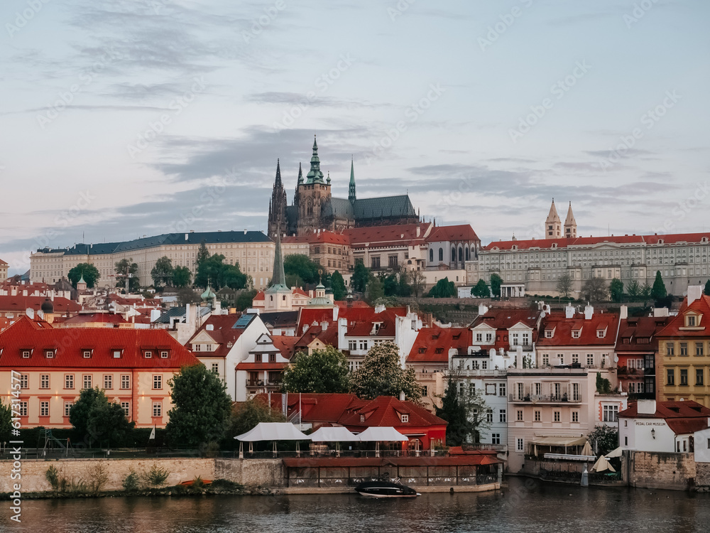 Fototapeta premium General view of Prague Castle. Beautiful Pražský hrad. Red roofs of an old European city