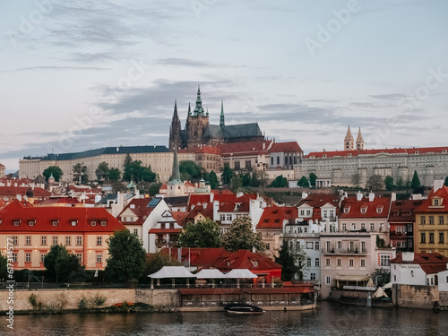 General view of Prague Castle. Beautiful Pražský hrad. Red roofs of an old European city