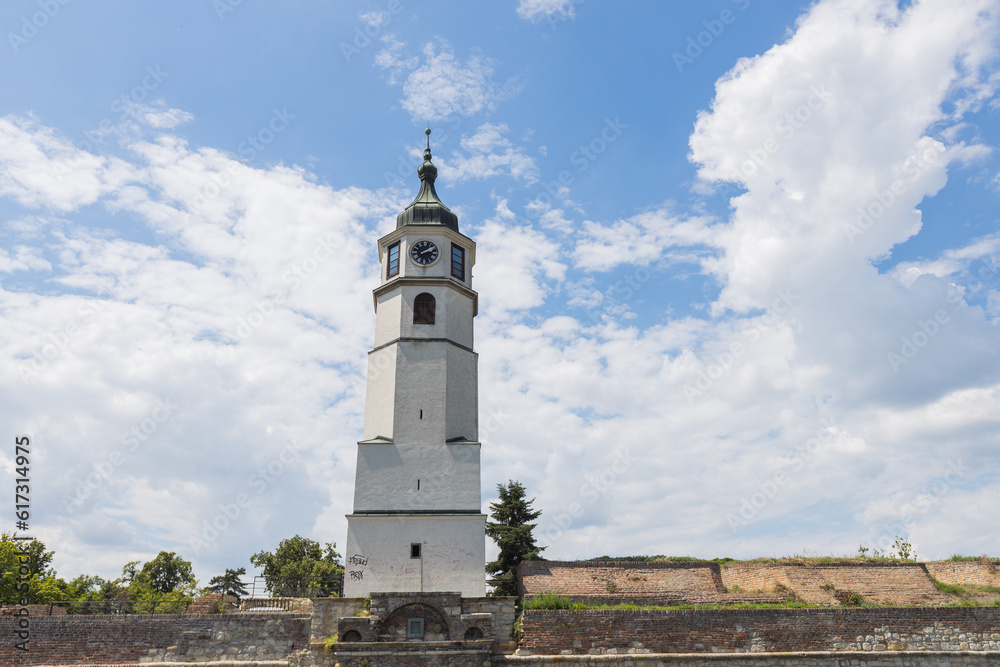 The Belgrade Sahat Tower, Clock Tower, built in the middle of the 18th century, Baroque style, located at Belgrade fortress, Kalemegdan. Serbia, Europe.