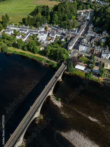 Dunkeld, Perthshire, Scotland by drone. Includes the bridge from Birnam to Dunkeld. Sunny day in summer. photo