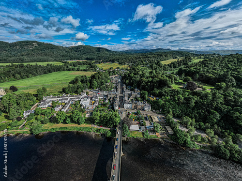 Dunkeld, Perthshire, Scotland by drone. Includes the bridge from Birnam to Dunkeld. Sunny day in summer.