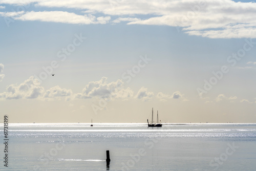 A backlit shot of the Wadden Sea near the island of Vlieland shows the silhouettes of various objects on, in and above the water photo