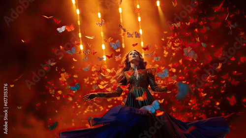 woman in a dress dancing surrounded by colourful butterflies. 