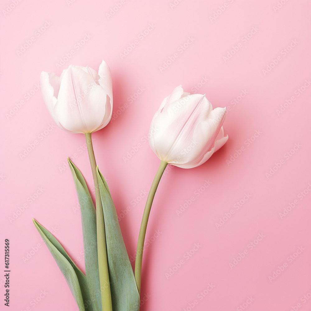 bouquet of white tulips on pastel pink background.