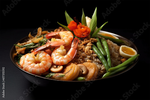 thai food; shrimp and squid fried cooked with long beans and rice, black ultra hd background
