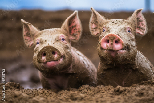 glückliche Schweine im Matsch Generative AI