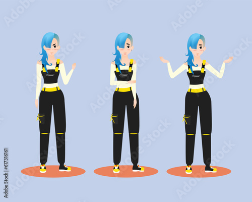 Angry girl builder shows variety of emotions. Decoration of premises and apartment renovation. Process of making home repair. Redecorating house interior. Vector illustration