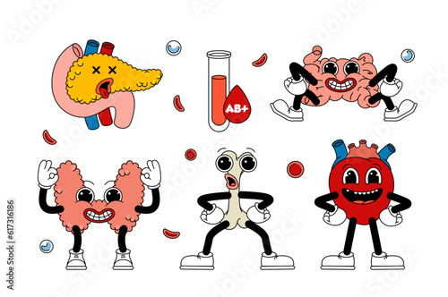 Set of retro human organs in funny comic cartoon style, gloved hands. Contemporary illustration with cute comic book characters. Doodle comic characters. contemporary cartoon style.