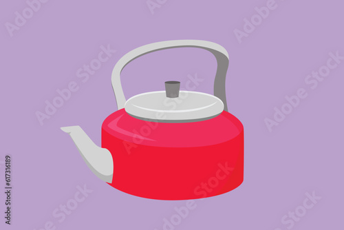 Cartoon flat style drawing camping outdoor kettle with handle. Camping cooking equipment. Gas stove kettle. Camping kettle. Metal kitchen utensil for tea or coffee. Graphic design vector illustration