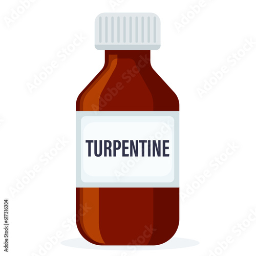 Turpentine in dark glass bottle isolated on white background vector illustration.
