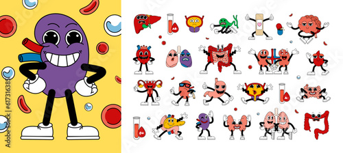 Big set of retro human organs in funny comic cartoon style, gloved hands. Contemporary illustration with cute comic human organs characters. Doodle comic characters. contemporary cartoon style.