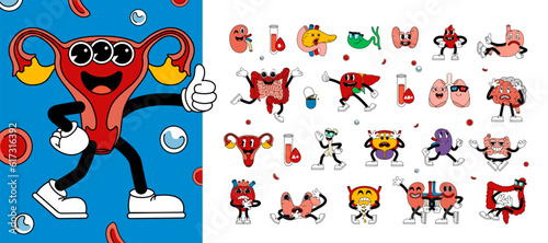 Big set of retro human organs in funny comic cartoon style, gloved hands. Contemporary illustration with cute comic human organs characters. Doodle comic characters. contemporary cartoon style.