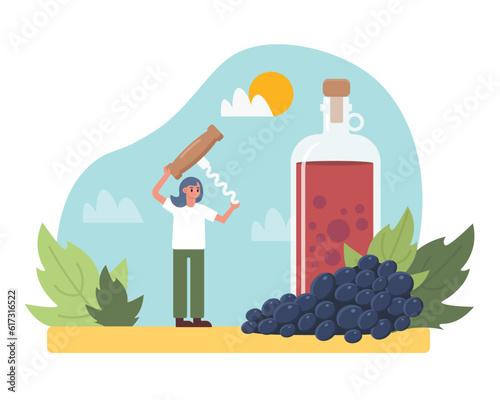 Cartoon girl holding corkscrew to open bottle of wine. Process of winemaking using organic grapes. Making alcoholic drinks. Wine production industry. Vector