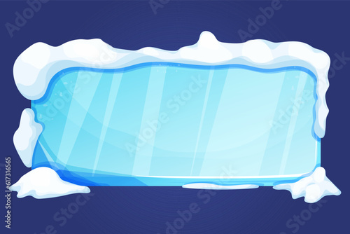 Ice button, frozen frame with snow, level menu in cartoon style isolated on white background. Glass shiny panel, game ui element. 