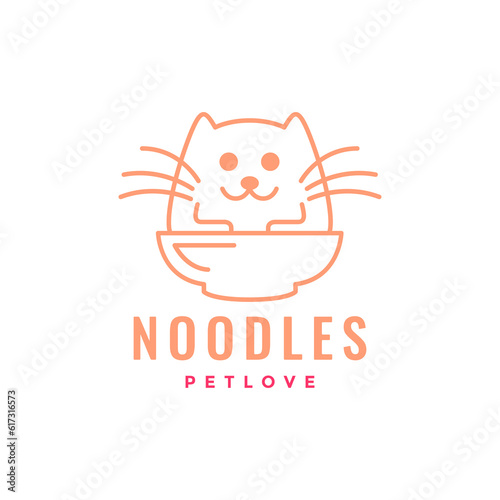 kitten cat pets eat noodle bowl line art mascot cartoon logo icon vector illustration