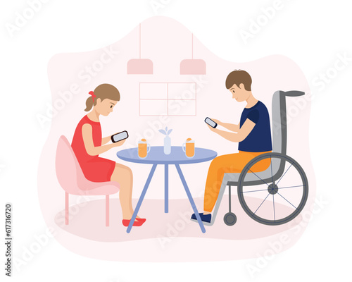 Cartoon couple and man in wheelchair chatting over breakfast in kitchen. Process of sharing content in social networks. Modern urban lifestyle. Contemporary digital environment. Vector