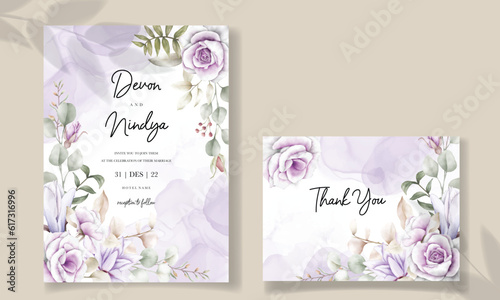 wedding invitation card with beautiful watercolor purple flower
