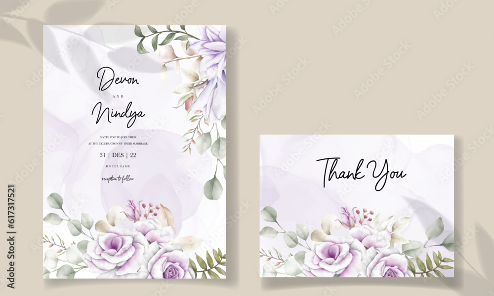 wedding invitation card with beautiful watercolor purple flower