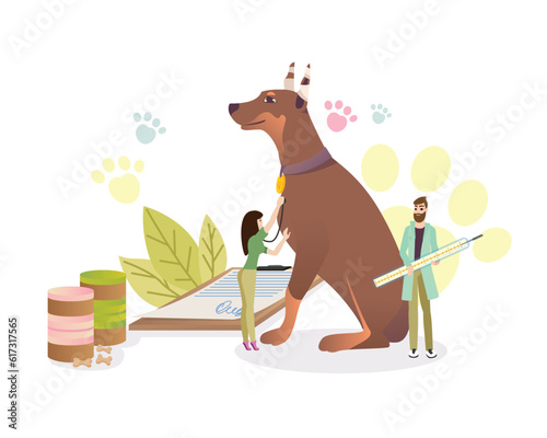 Doberman examination. Cartoon characters working as veterinarians. Modern animals healthcare services. Medical center for domestic animals treatment. Vector