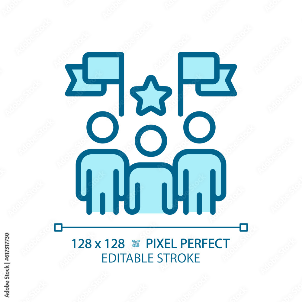 Pixel perfect blue icon representing election candidates with banner, isolated vector illustration of voting, editable sign. Pixel perfect blue icon representing election candidates with banner, isolated vector illustration of voting, editable sign.