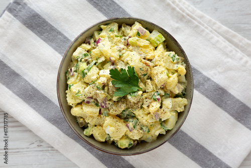 Принти на полотні Homemade Potato Egg Salad with Pickles in a Bowl, top view