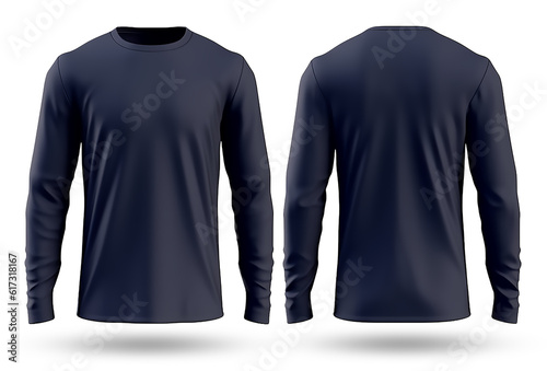 Navy long sleeve t-shirt mockup, with front and back views, isolated on transparent background, generative ai