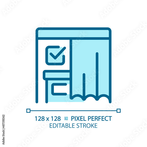 2D pixel perfect blue icon of voting booth with curtain and checkmark sign, isolated vector illustration, editable election sign.