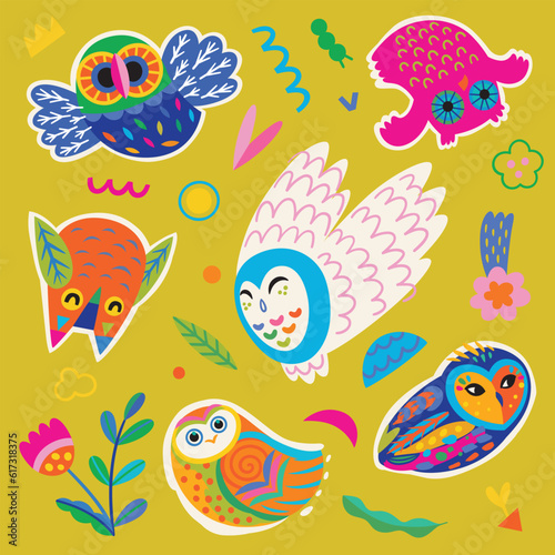 Set of cute bright owls and small nature elements. Vector illustration