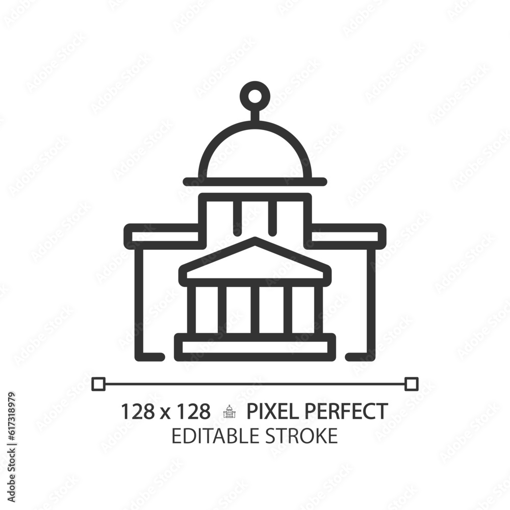 2D pixel perfect editable thin line icon of government building, Isolated symbol.
