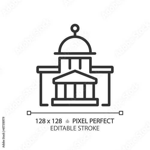 2D pixel perfect editable thin line icon of government building, Isolated symbol.