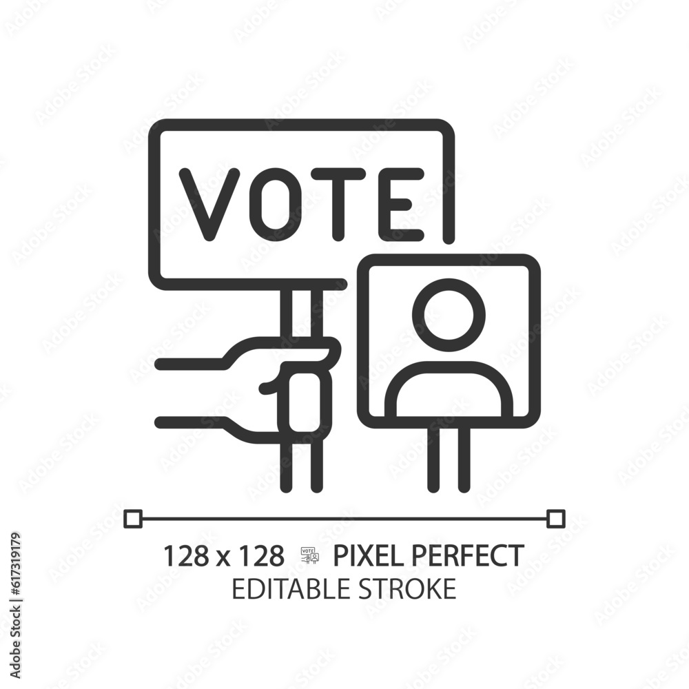2D pixel perfect thin line icon of hand holding vote sign, vector illustration representing voting, editable election symbol. 2D pixel perfect thin line icon of hand holding vote sign, vector illustration representing voting, editable election symbol.