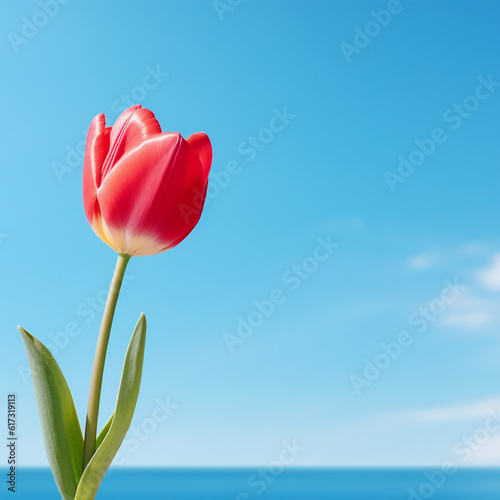 red tulips against blue sky background by AI generative.