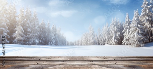 Winter holiday Christmas xmas background banner greeting card - Empty old wooden table with blue sky, forest landscape in background (Generative Ai) © Corri Seizinger