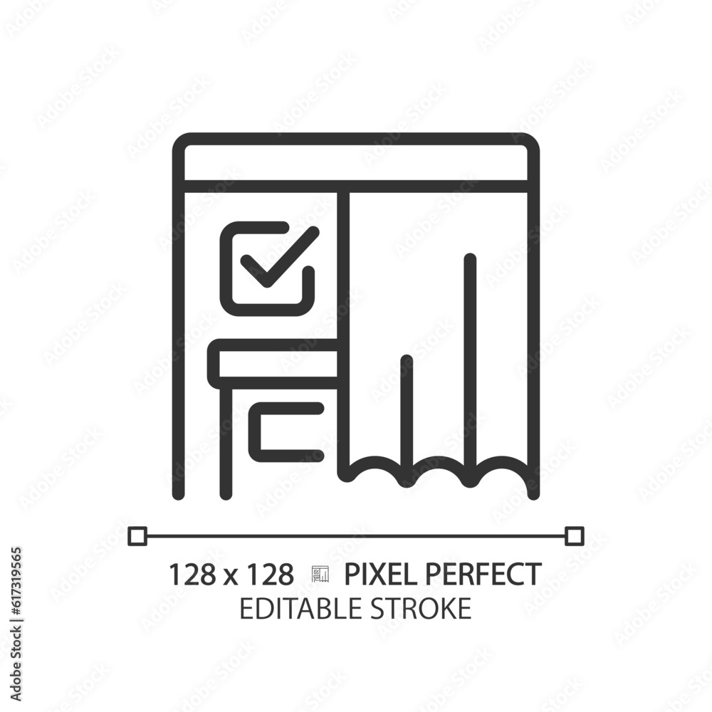 2D pixel perfect thin line icon of voting booth with curtain and checkmark sign, isolated vector illustration, editable election sign. 2D pixel perfect thin line icon of voting booth with curtain and checkmark sign, isolated vector illustration, editable election sign.