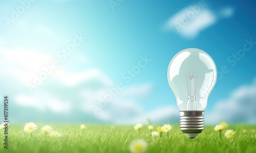 Eco friendly lightbulb on green grass blue sky background, Renewable and sustainable energy. Generative AI