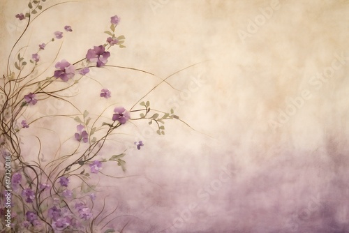 Hand painted canvas backdrop in soft purple and creams with flowers over a vine creeping up  lots of empty copy space Generative AI 